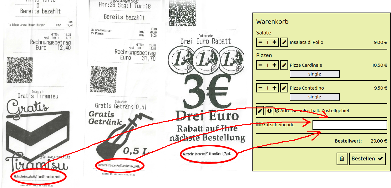 Beispiel für Gutscheincodes auf Rechnungszetteln von Pizza Bayroma in Schwechat Himbergerstrasse 16 – drei Rechnungen mit individuellen Gutscheincodes, die im Online-Warenkorb des Restaurants eingegeben werden können.