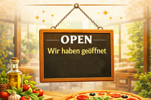 Illustration zu Öffnungszeiten eines Restaurants – Schild mit „Open“ und Öffnungszeiten neben Pizza und frischen Zutaten.